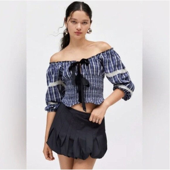 NWT KIMCHI BLUE Marley Front Tie Blouse in Navy Plaid Print with Lace Detail Lrg - Picture 1 of 7